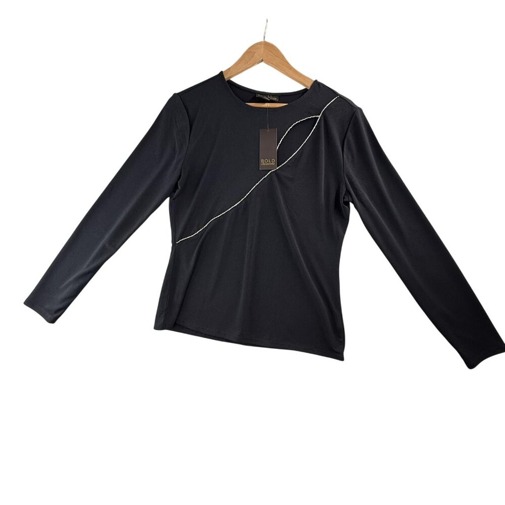Bold Elements Shirt Womens Medium Black Rhinestone Trim Long Sleeve Stretch Top